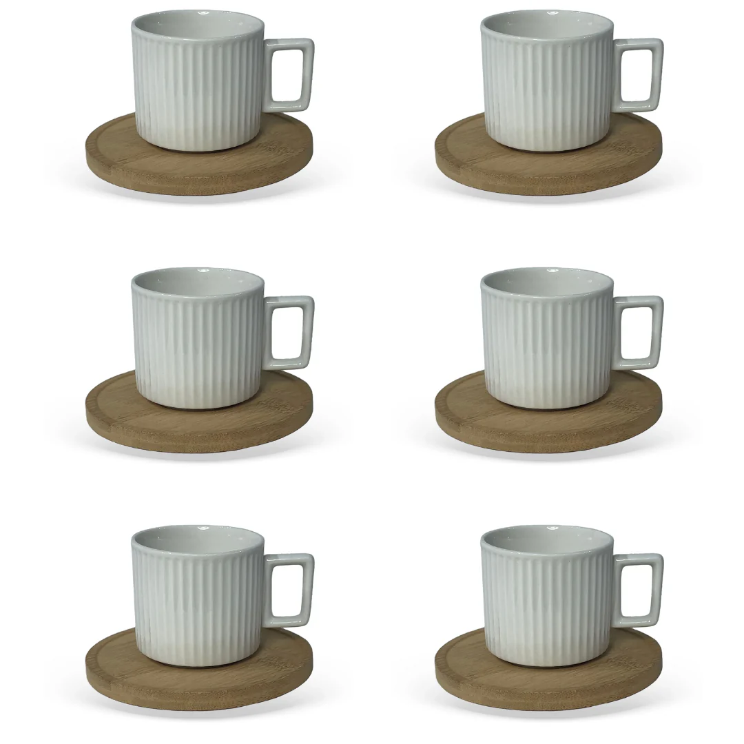 Jogo 6 Xicaras de Café Branca em Porcelana com Pires de Madeira 90ml - Image 5