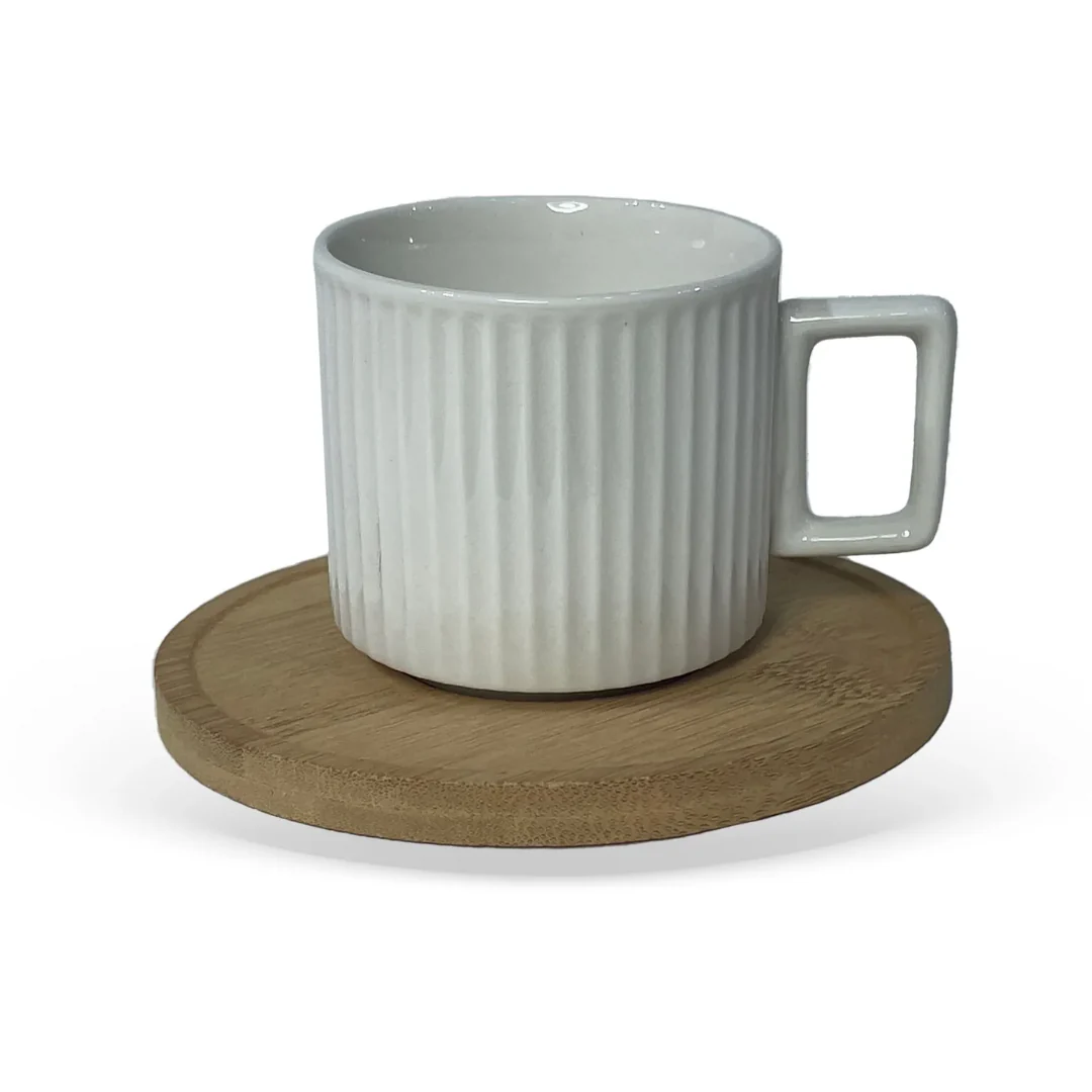 Jogo 6 Xicaras de Café Branca em Porcelana com Pires de Madeira 90ml - Image 6