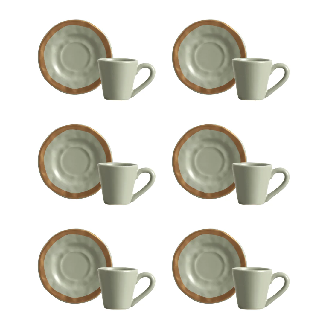 Jogo 6 Xícaras de Café com Pires Amassada Verde com Filete