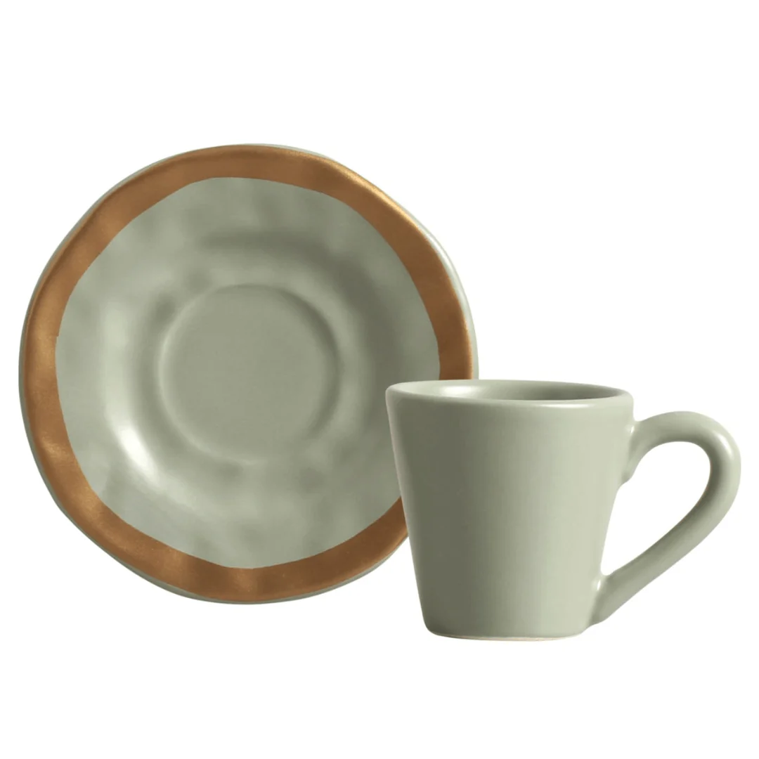 Jogo 6 Xícaras de Café com Pires Amassada Verde com Filete - Image 2