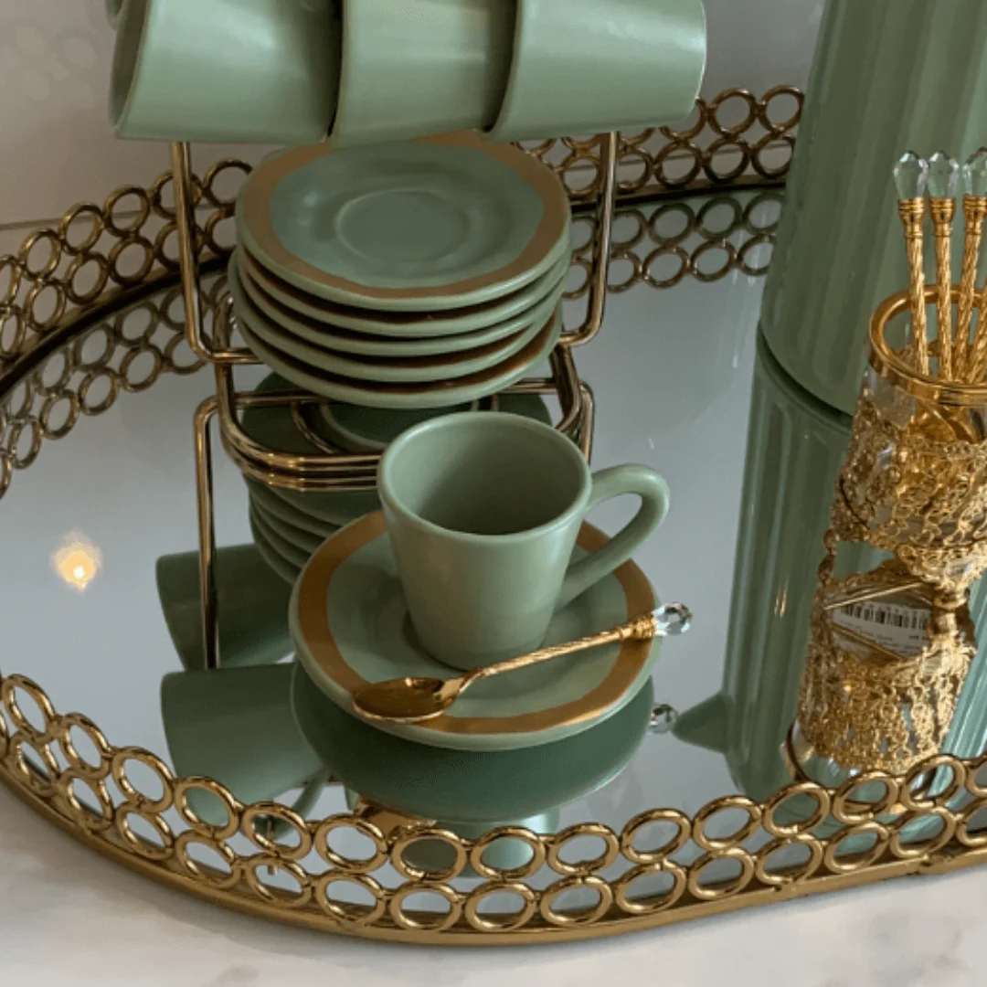 Jogo 6 Xícaras de Café com Pires Amassada Verde com Filete - Image 3