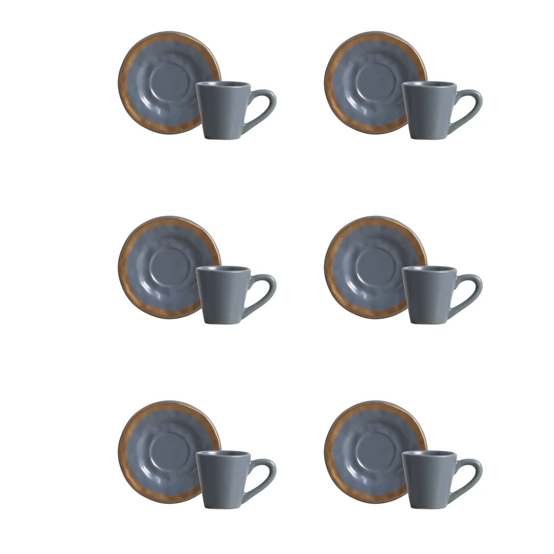 Jogo 6 Xicaras de Café com Pires Azul Filete Amassada 100ml