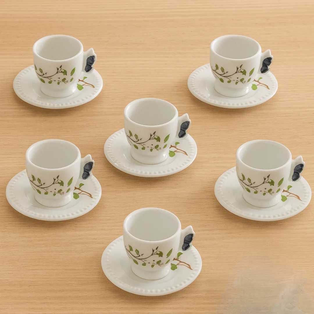 Jogo 6 Xicaras de Café com Pires Borboleta