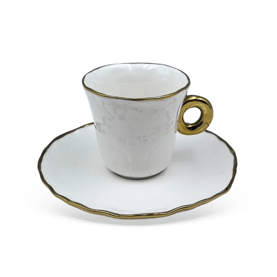 Jogo 6 Xicaras de Café com Pires Cerâmica Branco e Dourado 80ml - Image 3
