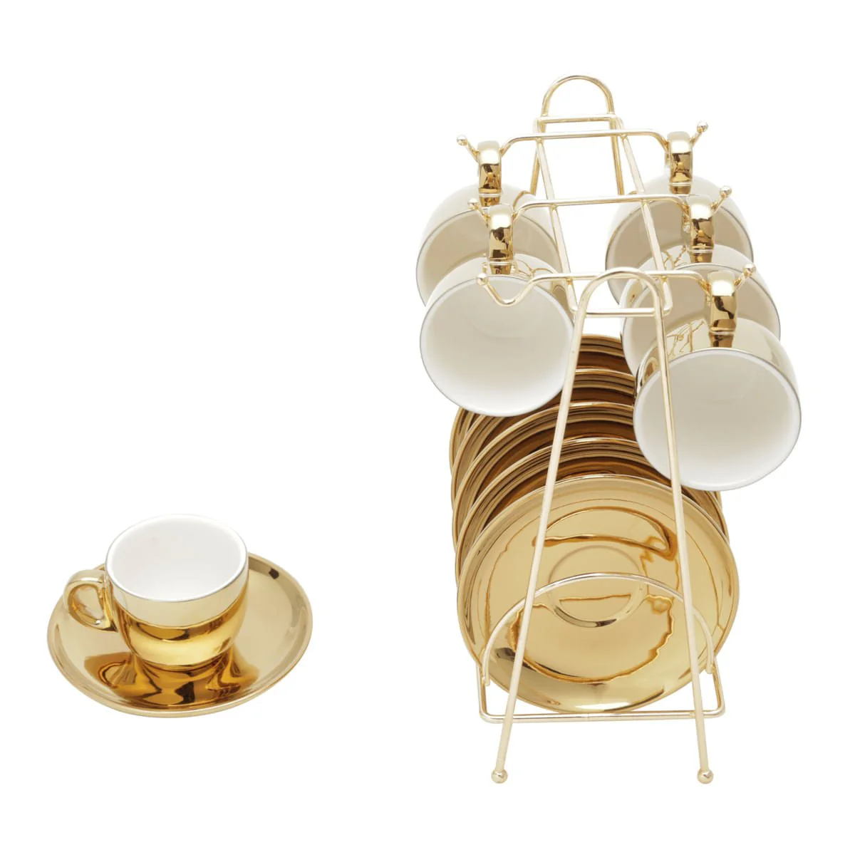 Jogo 6 Xícaras de Café com Pires em Porcelana Branco e Dourado com Suporte 90ml - Image 3