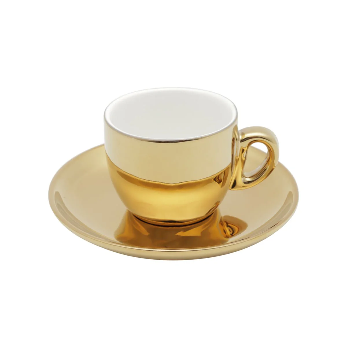 Jogo 6 Xícaras de Café com Pires em Porcelana Branco e Dourado com Suporte 90ml - Image 5