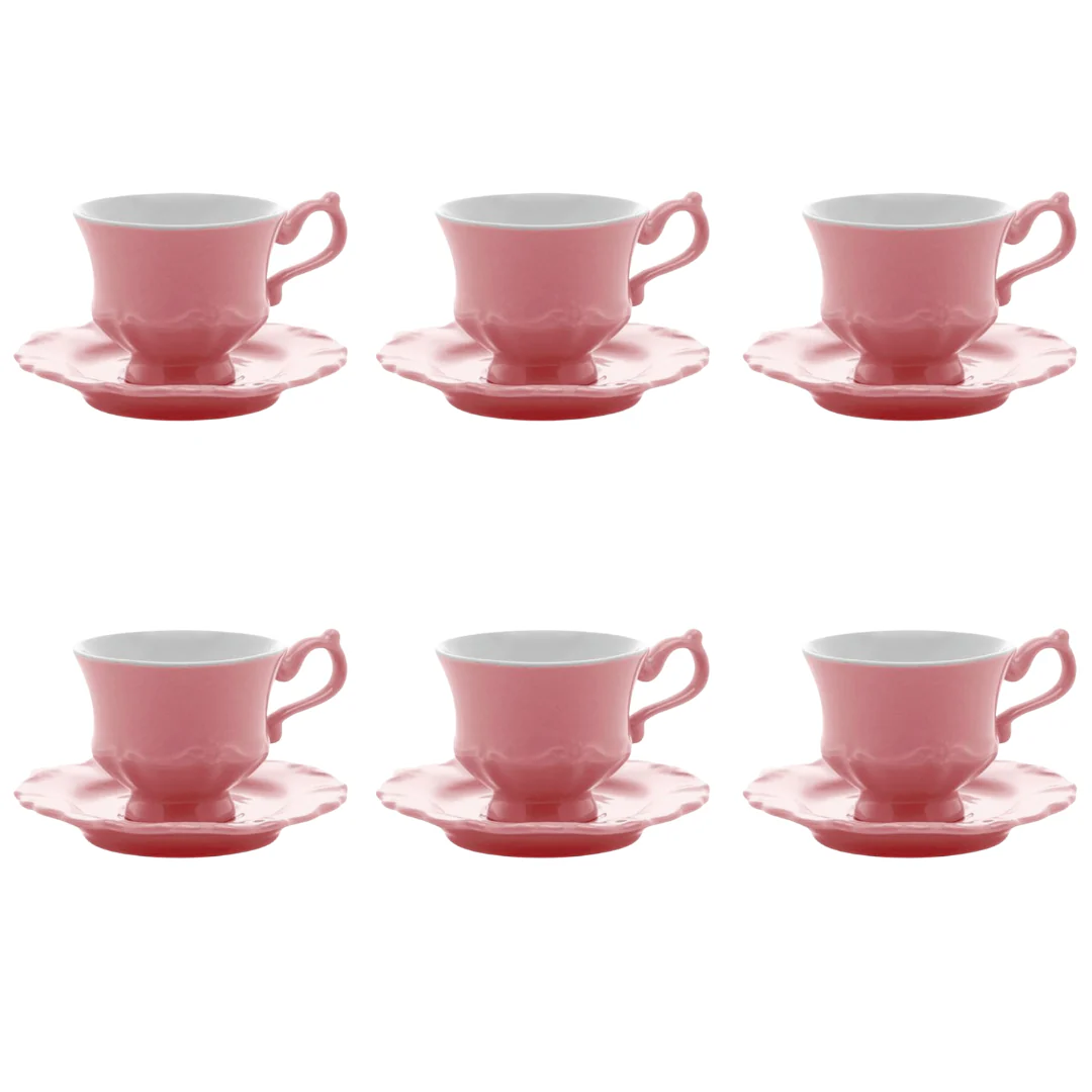 Jogo 6 Xicaras de Café com Pires em Porcelana Fancy Rose 90ml