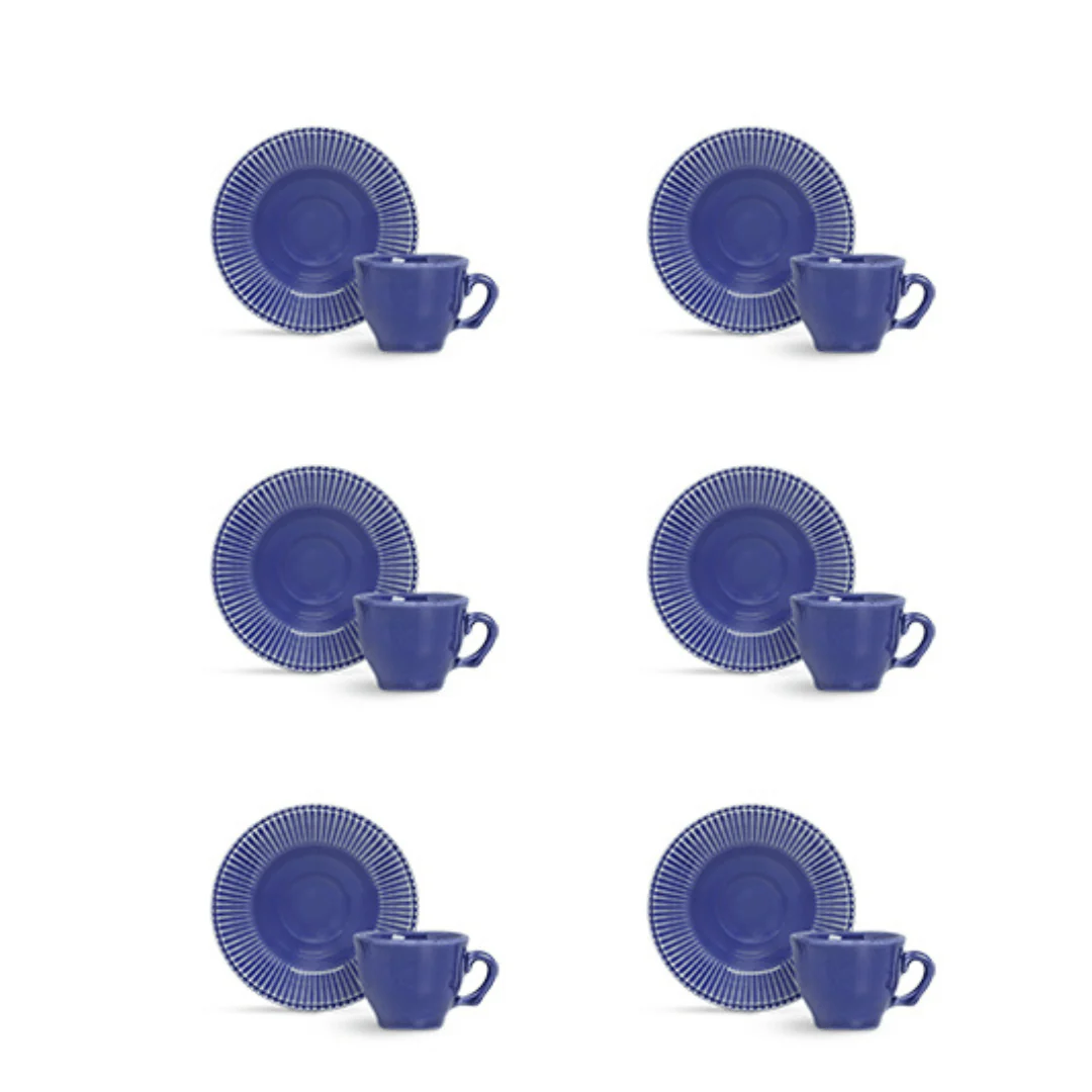 Jogo 6 Xícaras de Café com Píres Frisada Azul 100ml