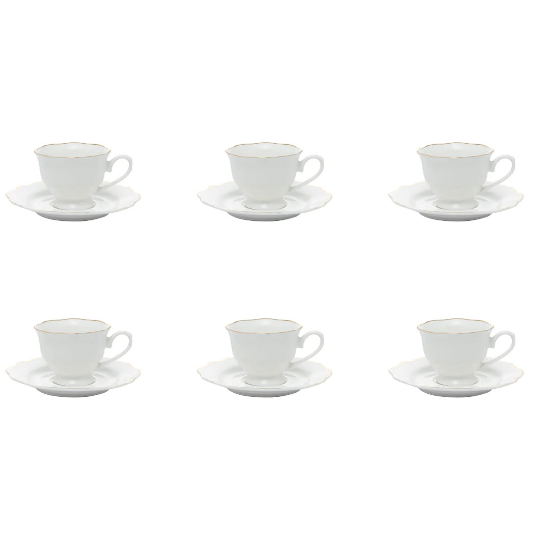 Jogo 6 Xícaras de Café com Pires Maldivas Branco com Fio de Ouro