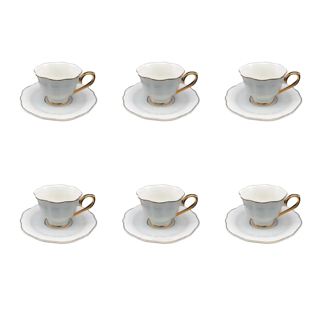 Jogo 6 Xícaras de Café com Pires Mon Charmant New Bone Branca com Borda Dourada 90ml
