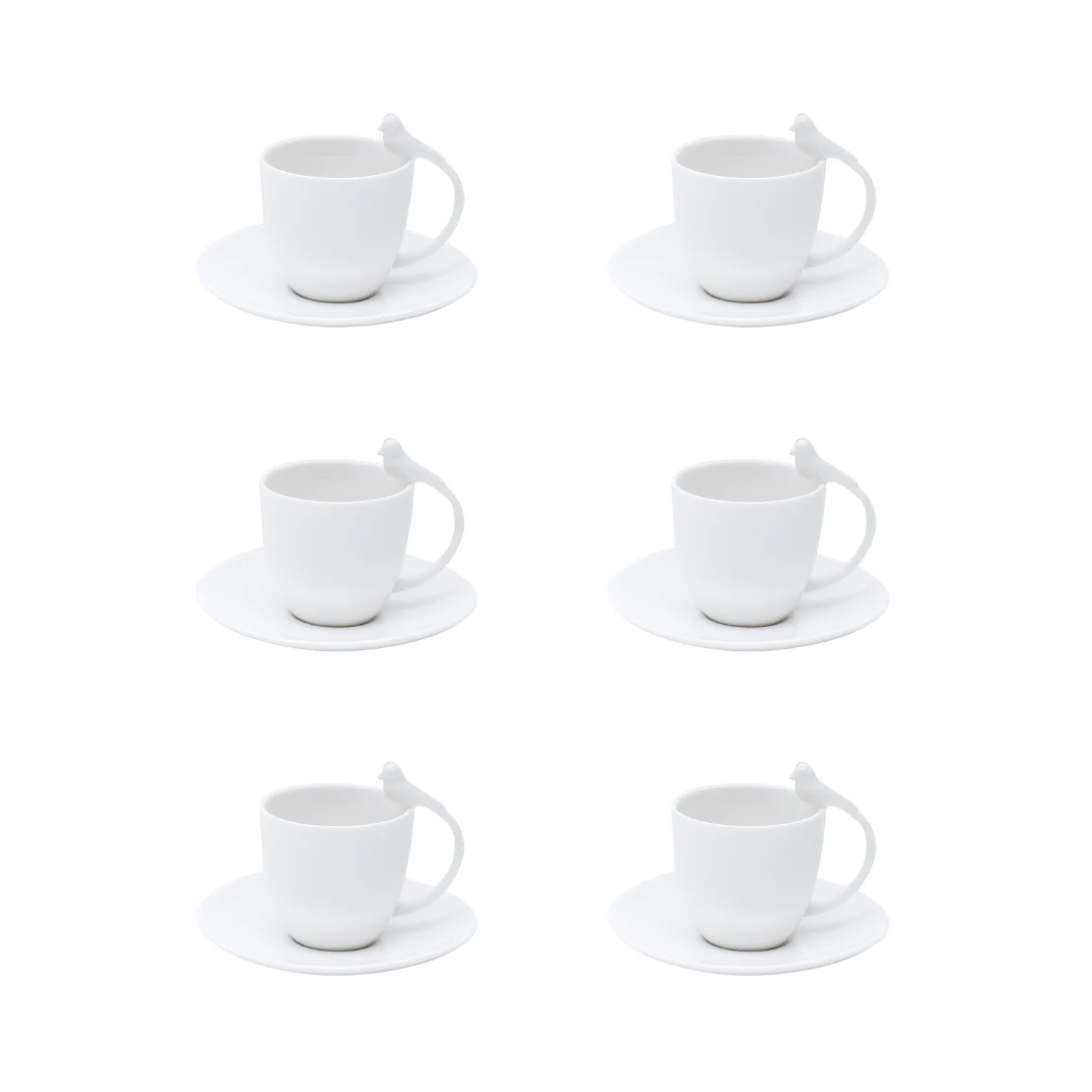 Jogo 6 Xícaras de Café Porcelana com Pires Birds Branca 85ml