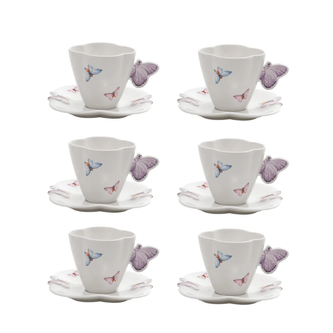Jogo 6 Xícaras de Chá Porcelana com Pires Borboletas Branco 200ml