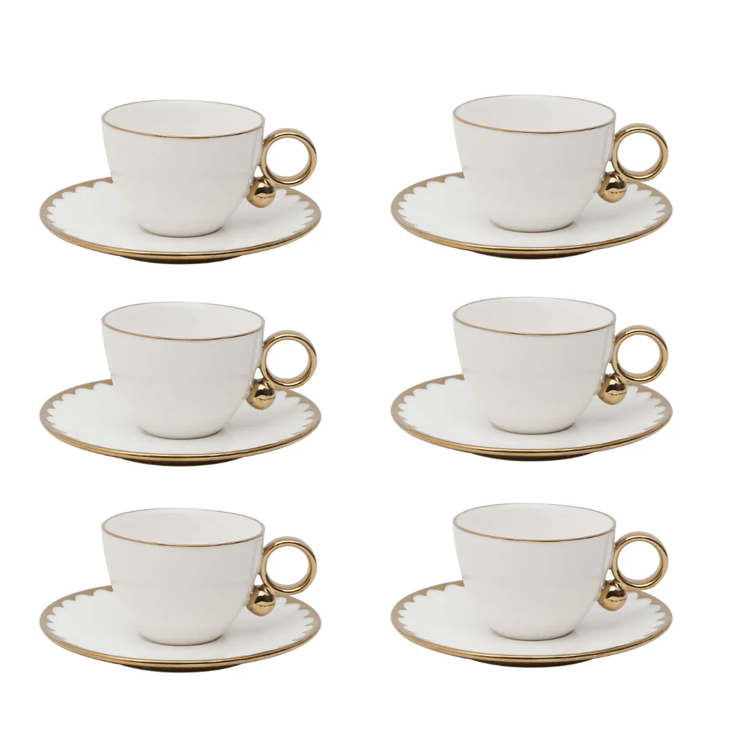 Jogo 6 Xícaras de Chá Porcelana com Pires Egg Branca e Dourada 200ml - Image 11