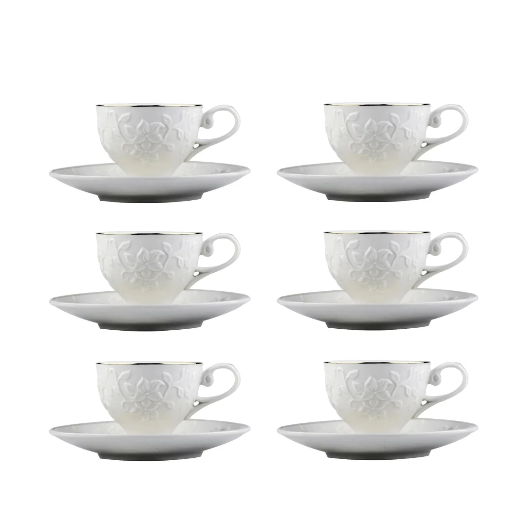 Jogo 6 Xícaras para Café com Pires Scarlet New Bone Branco com Borda Dourada 90ml
