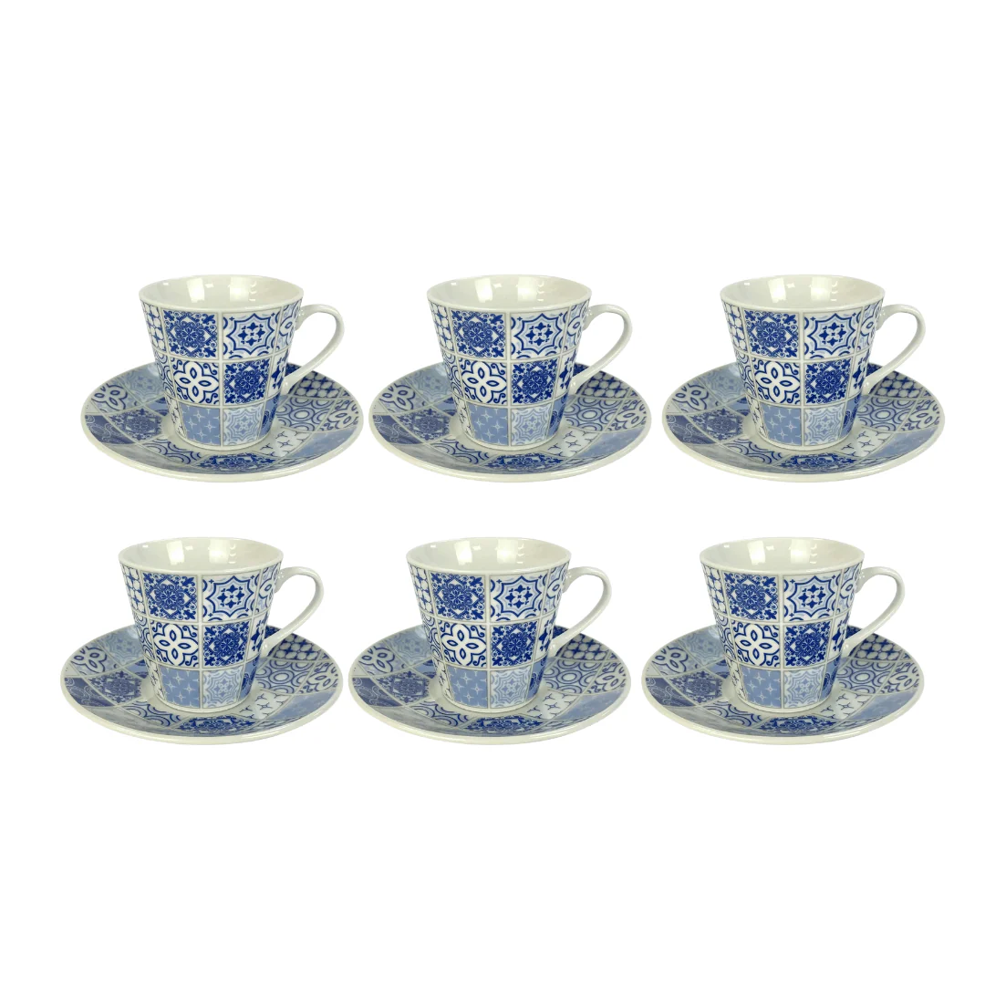 Jogo 6 Xicaras Tile para Café com Pires Porcelana Azul e Branco 90ml