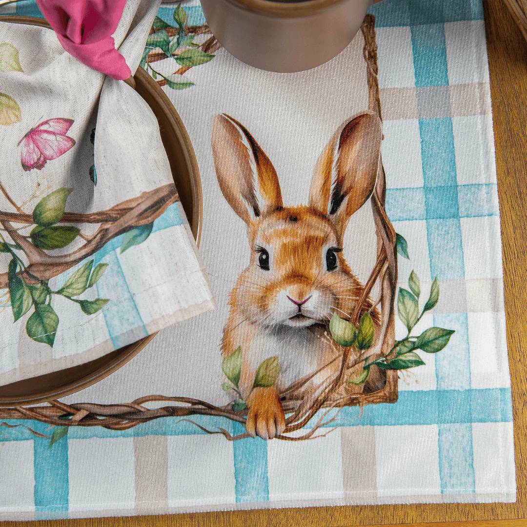 Conjunto de Jogo Americano Retangular Coelhos Xadrez Páscoa 48cm 2 Peças - Image 3