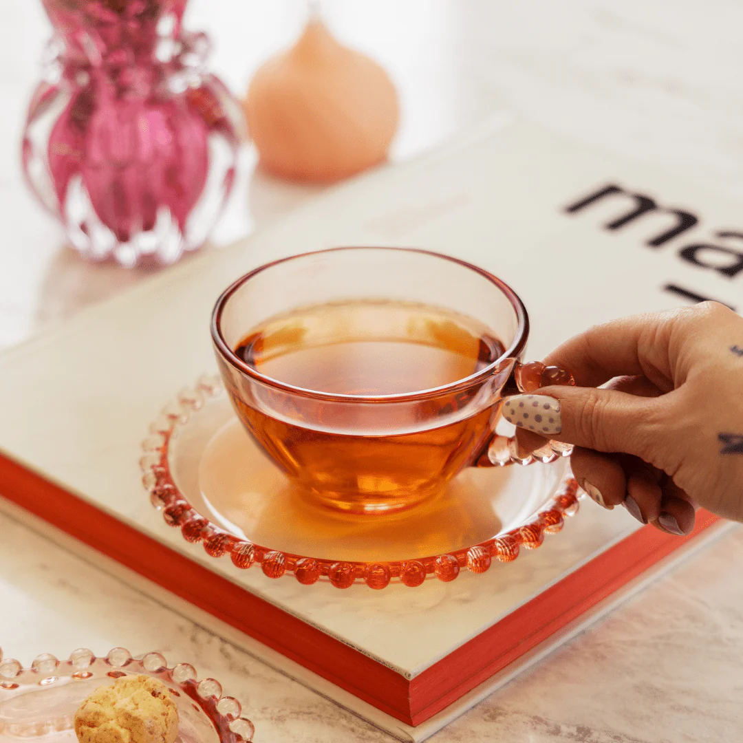 Jogo de 4 Xícaras de Chá Cristal com Pires Coração Pearl Rosa 180ml - Image 4
