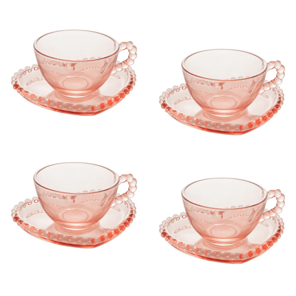 Jogo de 4 Xícaras de Chá Cristal com Pires Coração Pearl Rosa 180ml - Image 6