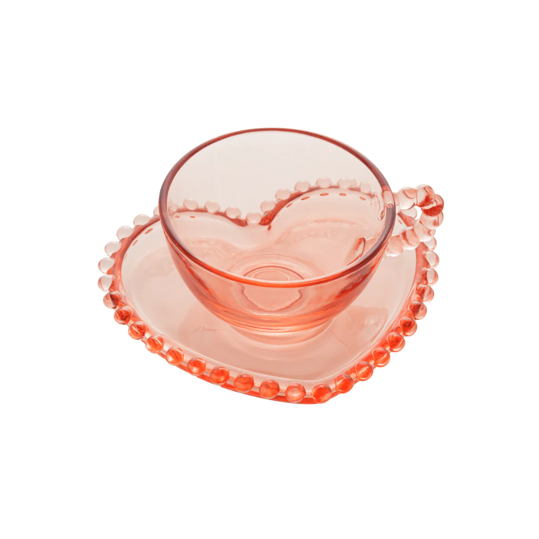 Jogo de 4 Xícaras de Chá Cristal com Pires Coração Pearl Rosa 180ml - Image 8