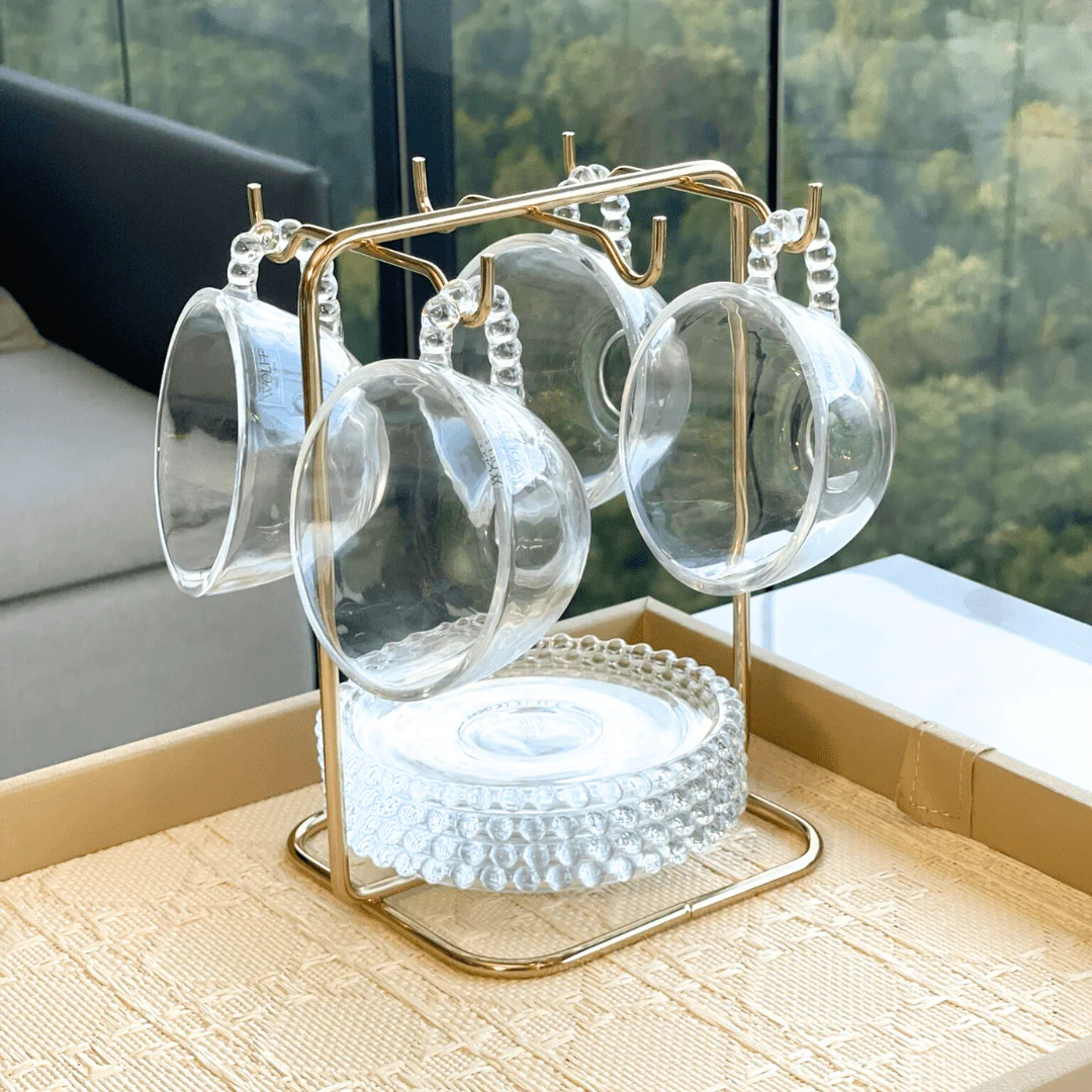 Jogo de 4 Xícaras de Chá Cristal de Chumbo com Pires Pearl Bolinha - 180ml - Image 2