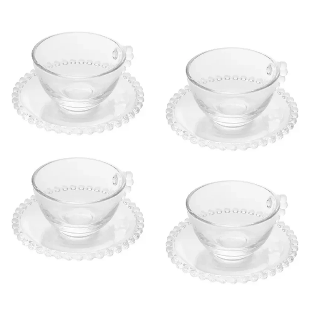 Jogo de 4 Xícaras de Chá Cristal de Chumbo com Pires Pearl Bolinha - 180ml - Image 6