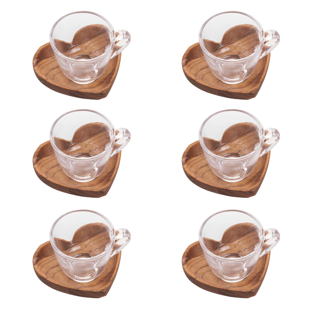 Jogo de Xícaras de Café com Pires de Coração Madeira Teca 75ml - 6 Peças - Image 4