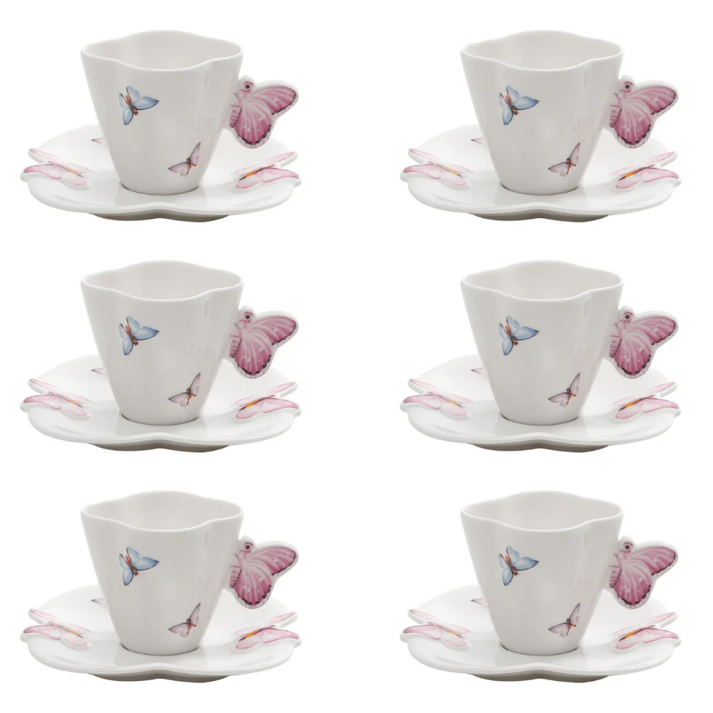 Jogo de 6 Xícaras de Café Porcelana com Pires Borboletas - 100ml - Image 5
