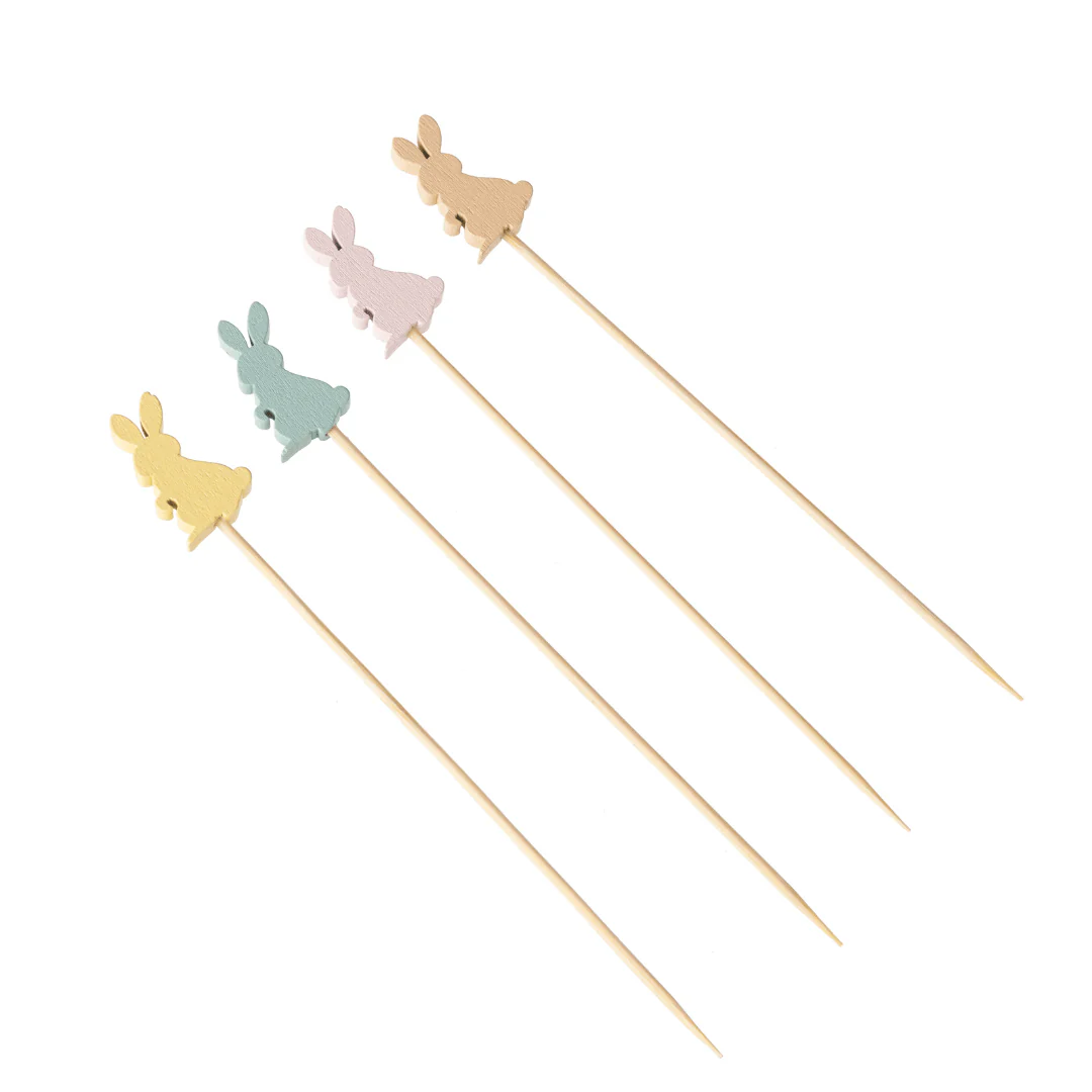 Jogo de Palitos para Petiscos em Bambu Coelhos Coloridos Páscoa 12cm 20 Peças