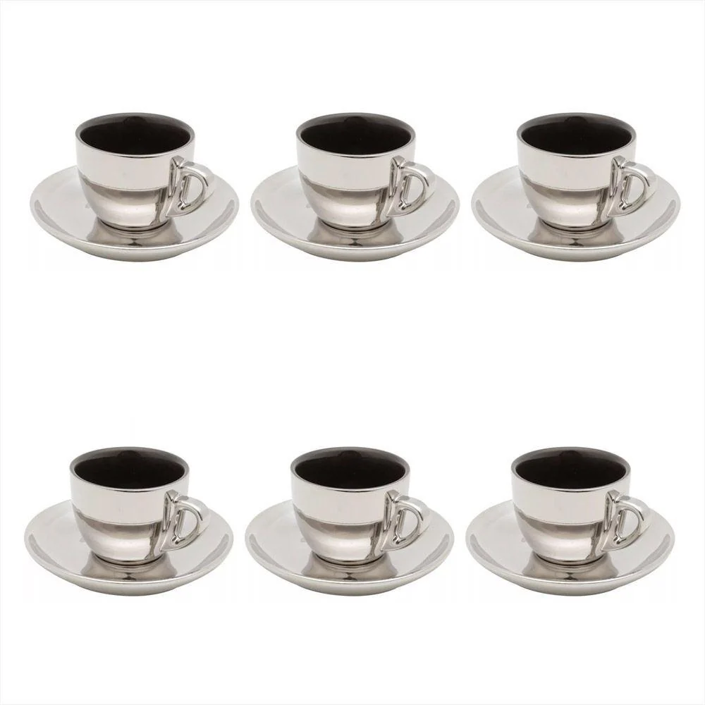 Jogo De Xicaras Luxo Para Café Com Pires Wolff Versa 90ml 6 Peças Preto e Prata