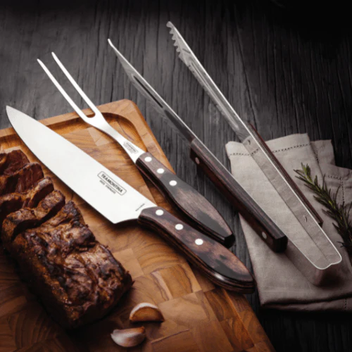 Jogo para Churrasco em Aço Inox e Cabo Castanho Polywood com Estojo 3 Peças Tramontina - Image 3