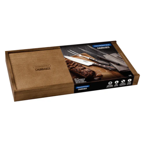 Jogo para Churrasco em Aço Inox e Cabo Castanho Polywood com Estojo 3 Peças Tramontina - Image 4