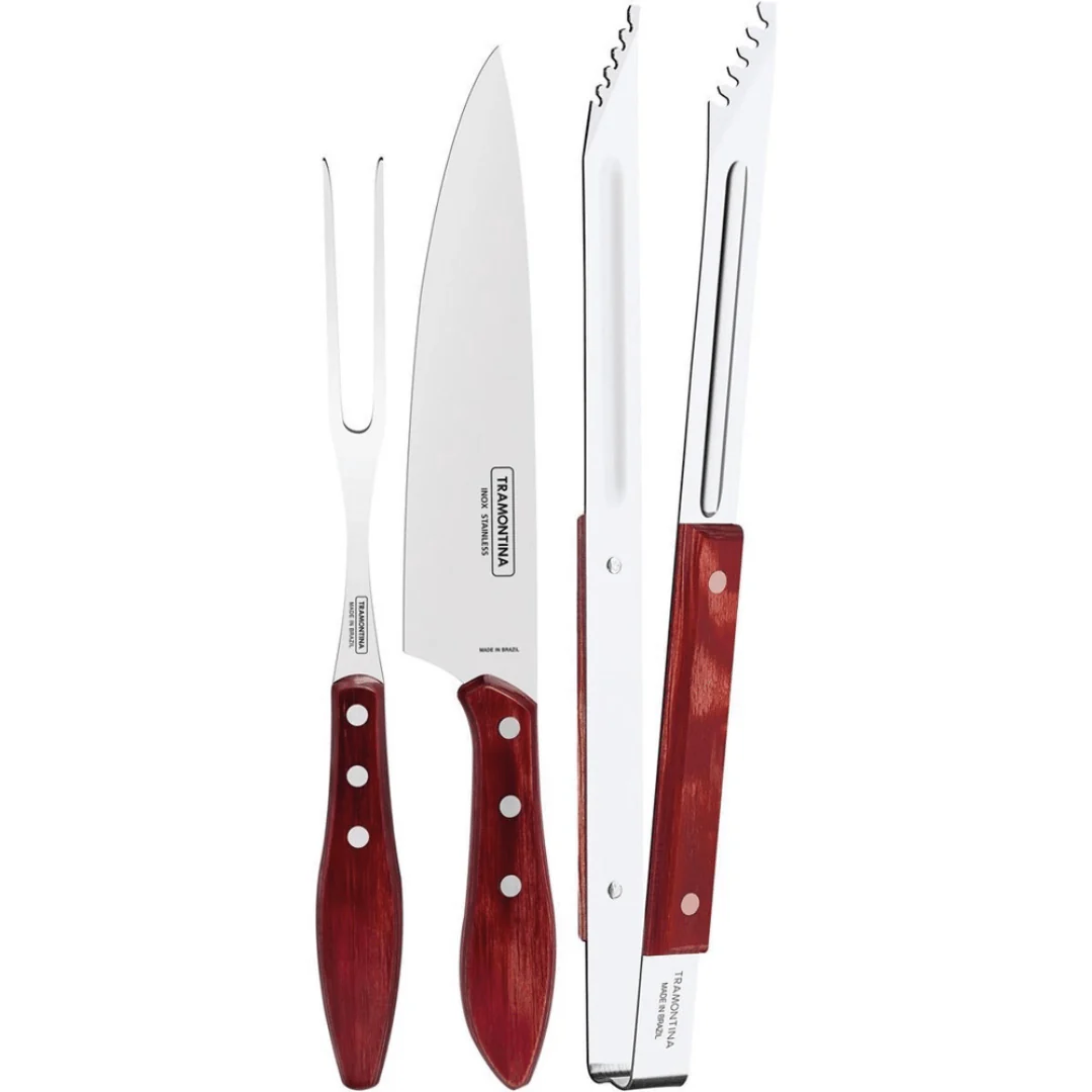 Jogo Trinchante para Churrasco Polywood Aço Inox e Cabo de Madeira Vermelho  3 Peças Tramontina - Image 2