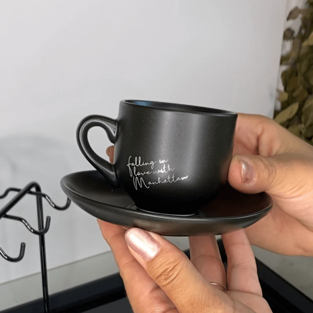 Jogo Xicara de Café com Pires em Porcelana Manhattan Preta 90ml 6 Peças - Image 5