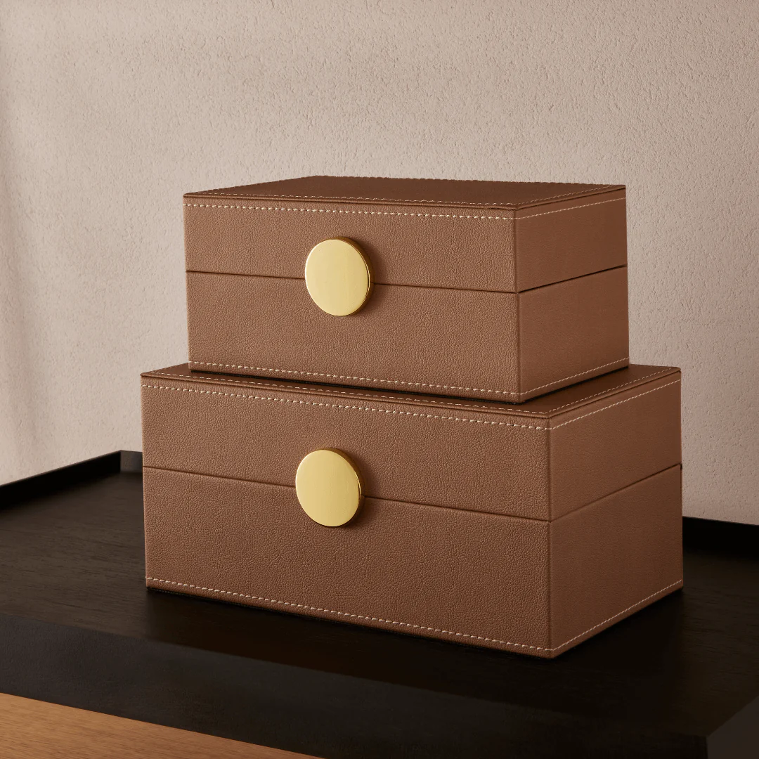 Kit Caixas Decorativas em MDF e PU Marrom 2 Peças