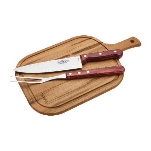 Kit Churrasco em Aço Inox e Cabo Vermelho Polywood com Tábua de Madeira 3 Peças Tramontina - Image 4