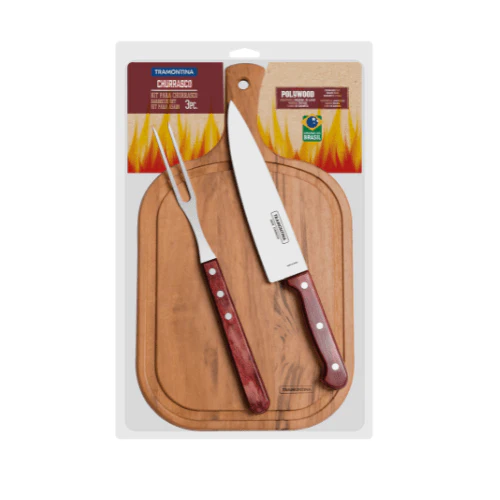 Kit Churrasco em Aço Inox e Cabo Vermelho Polywood com Tábua de Madeira 3 Peças Tramontina - Image 5