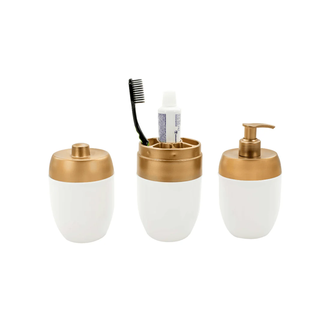 Kit de Acessórios Para Banheiro Lavabo Branco e Dourado 3 Peças