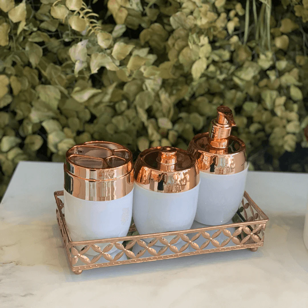 Kit de Acessorios Banheiro Lavabo Branco e Rose Gold 3 Peças - Image 2