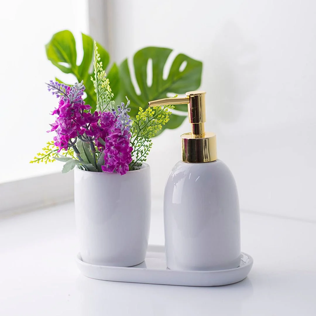 Kit para Banheiro Cerâmica Londres Branco e Dourado 3 Peças - Image 2
