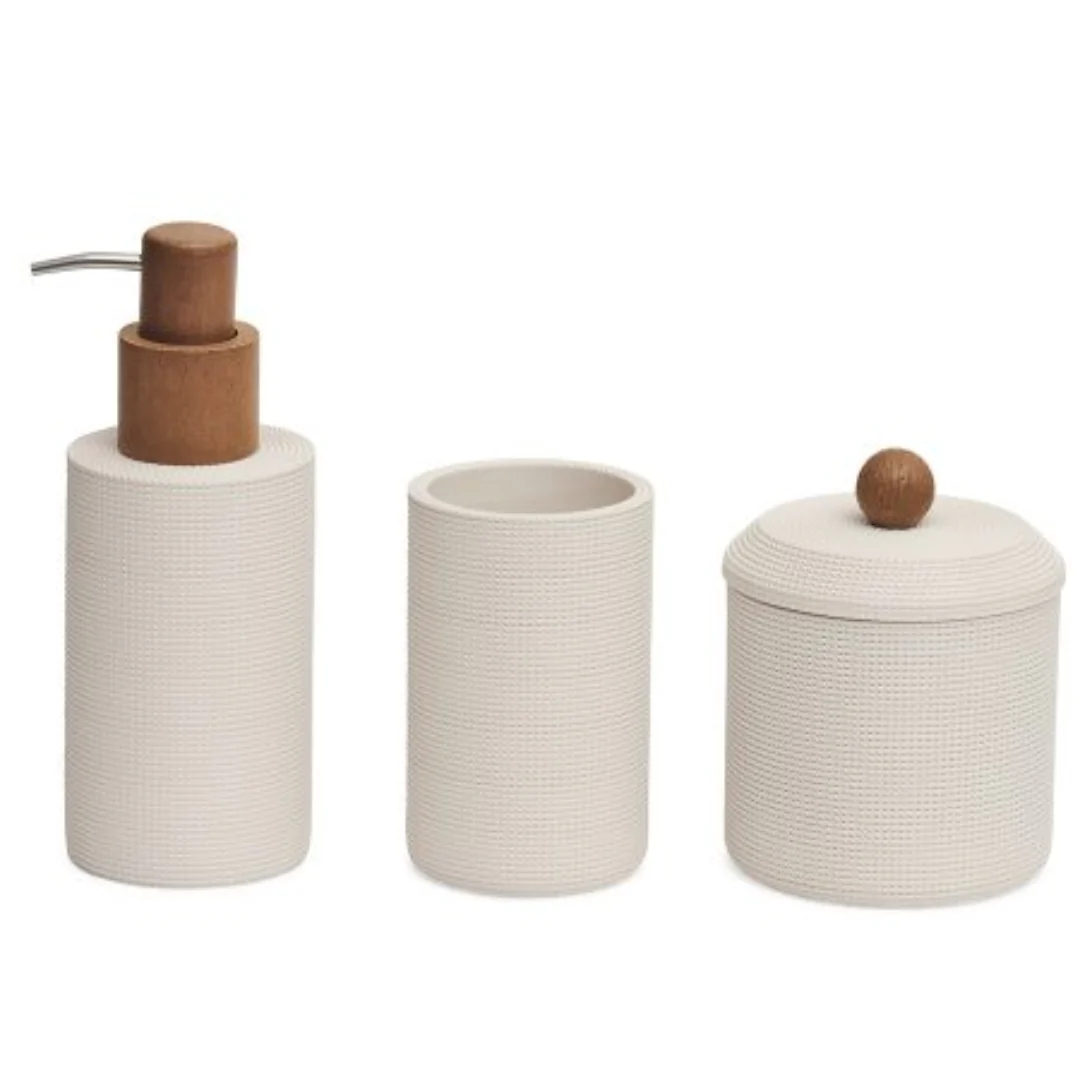 Kit para Banheiro Polirresina Bege com Detalhes em Madeira 3 Peças - Image 2