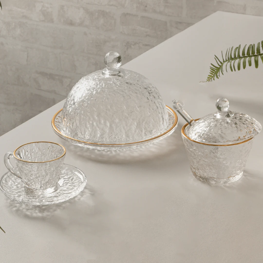 Açucareiro em Cristal de Chumbo Martelado com Colher com Borda Dourada Petra 10cm - Image 8