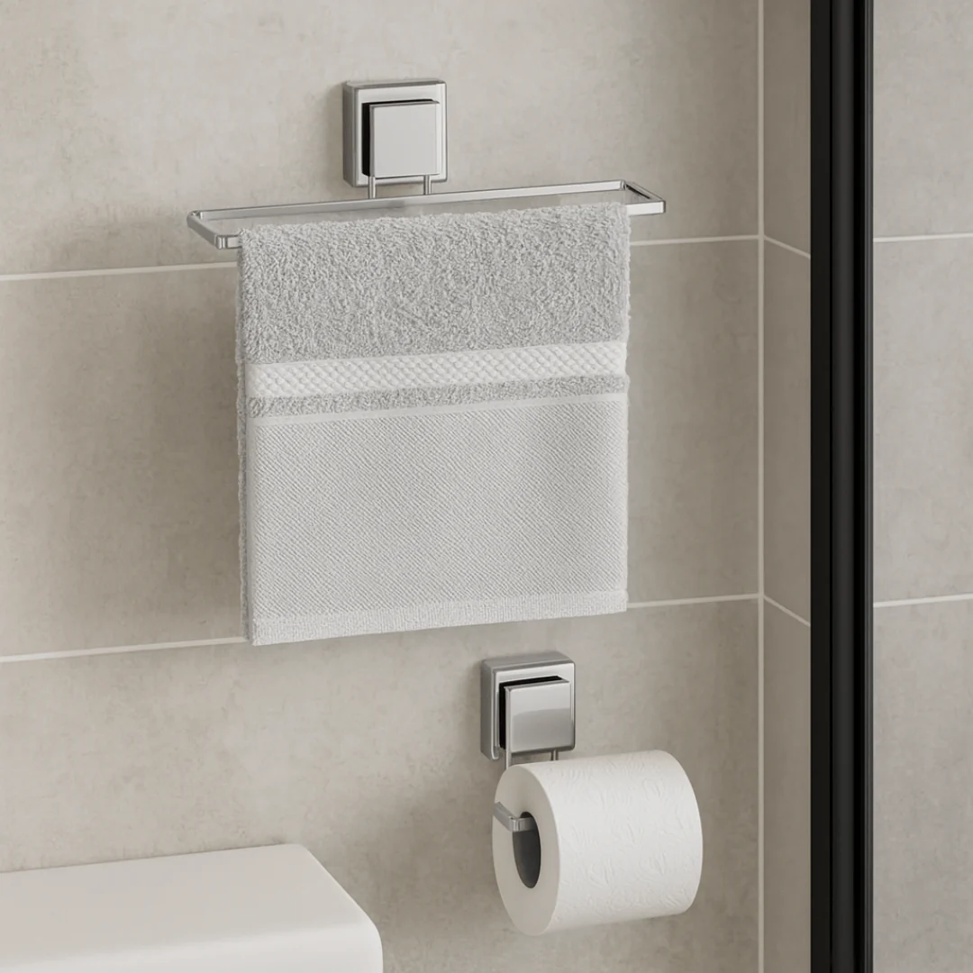 Kit Toalheiro e Porta Papel Higiênico com Ventosa Cromado - 2 Peças