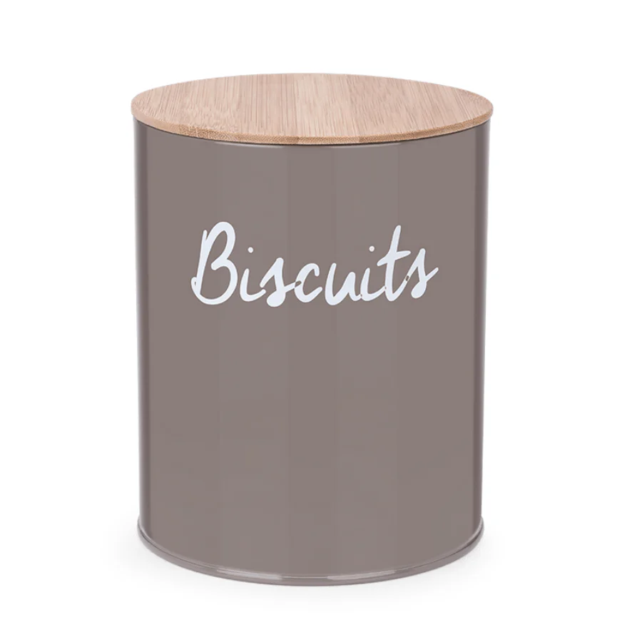 Lata Redonda Biscoito Canister Cinza Biscuits Tampa Bambu - 17,5 cm