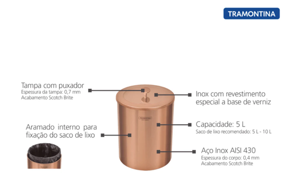 Lixeira 5 Litros Aço Inox Polido Verniz Rose Gold Luxo Tramontina - Image 6