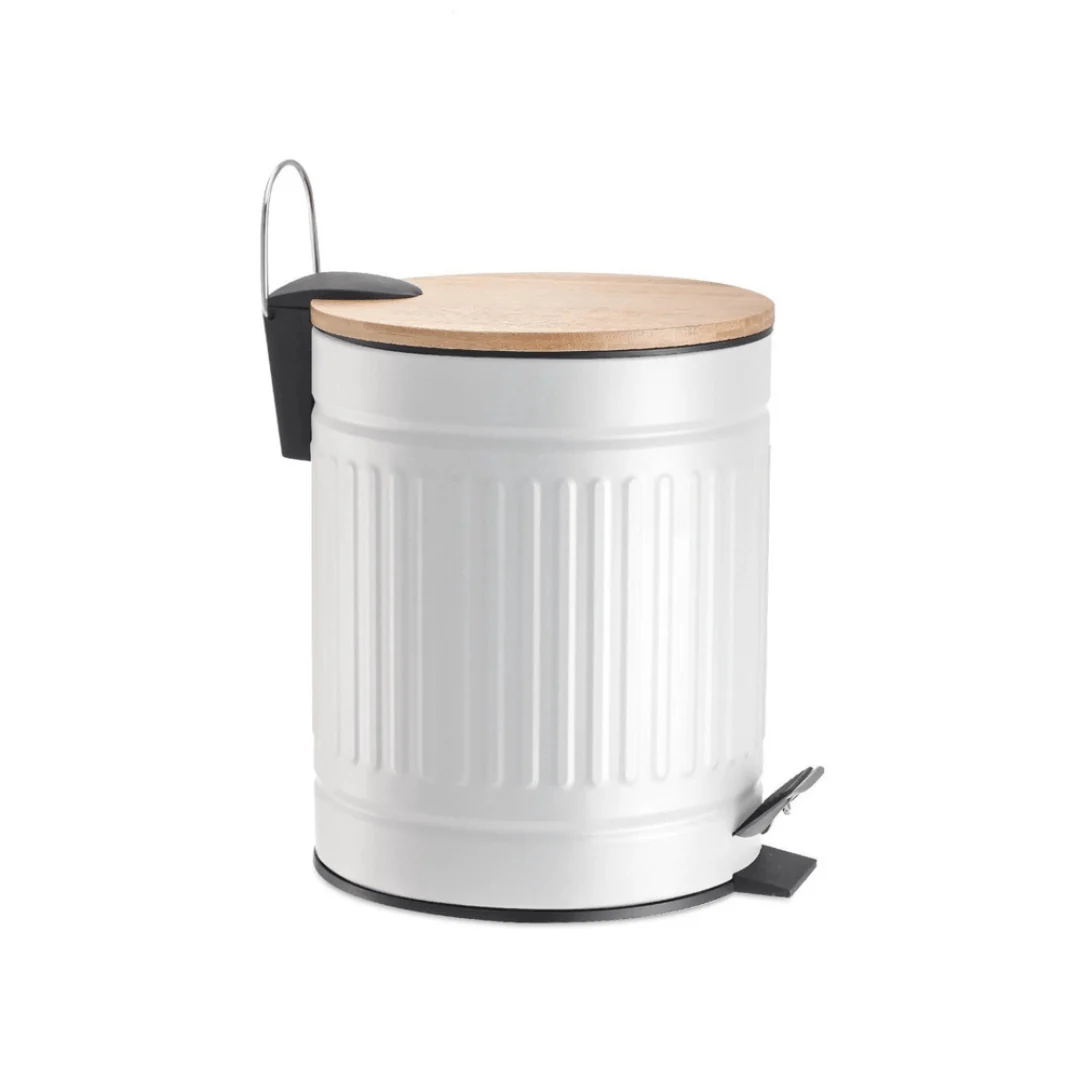 Lixeira Fluted de Metal com Tampa e Pedal de Bambu Branca 5 Litros - Image 5