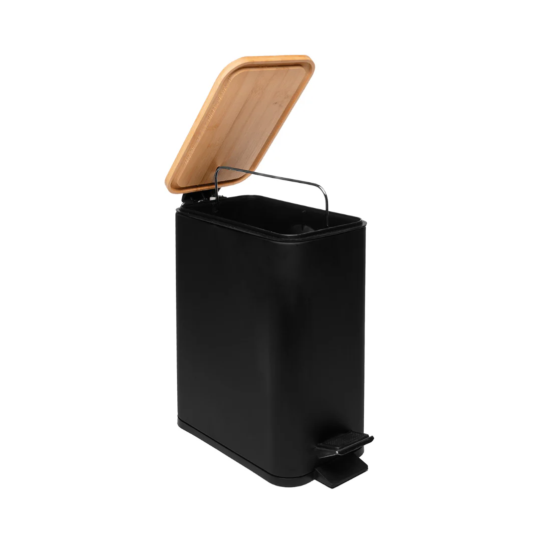 Lixeira Quadrada com Pedal de Metal e Tampa de Bambu Preta 5 L - Image 3