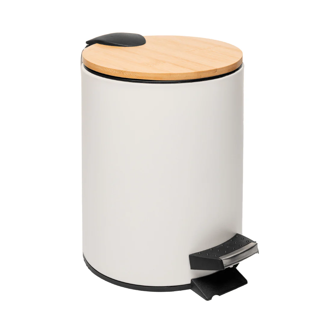Lixeira Redonda Metal com Pedal e Tampa Bambu Branca 5 Litros - Image 2