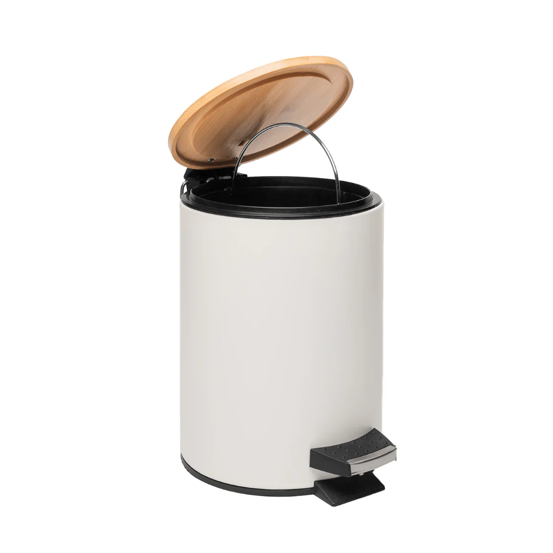 Lixeira Redonda Metal com Pedal e Tampa Bambu Branca 5 Litros - Image 3