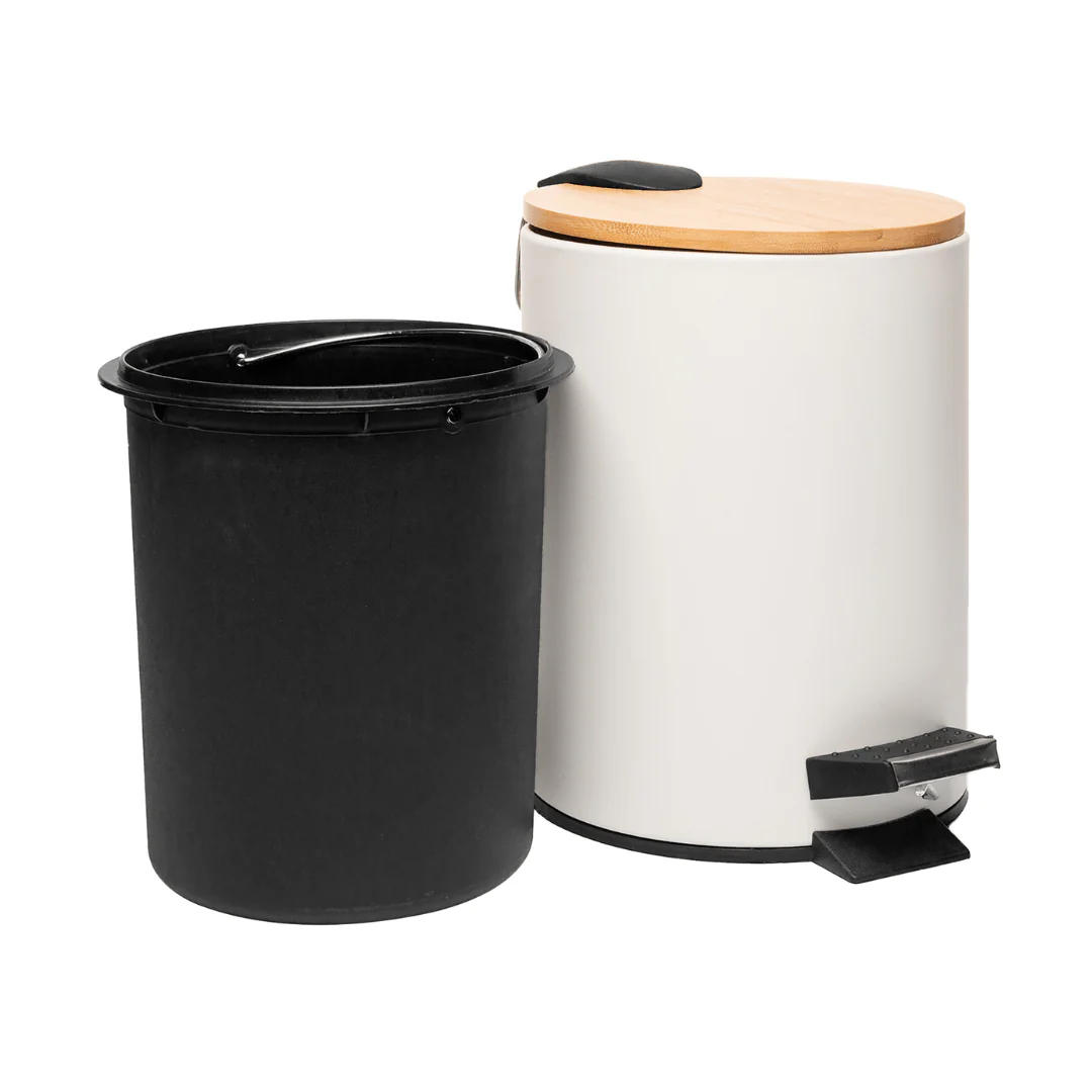 Lixeira Redonda Metal com Pedal e Tampa Bambu Branca 5 Litros - Image 4
