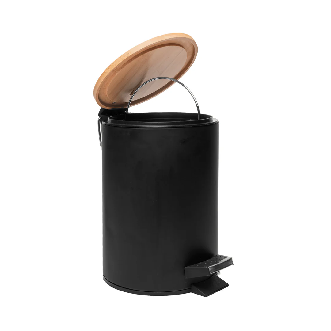 Lixeira Redonda Metal com Pedal e Tampa Bambu Preta 5 Litros - Image 3